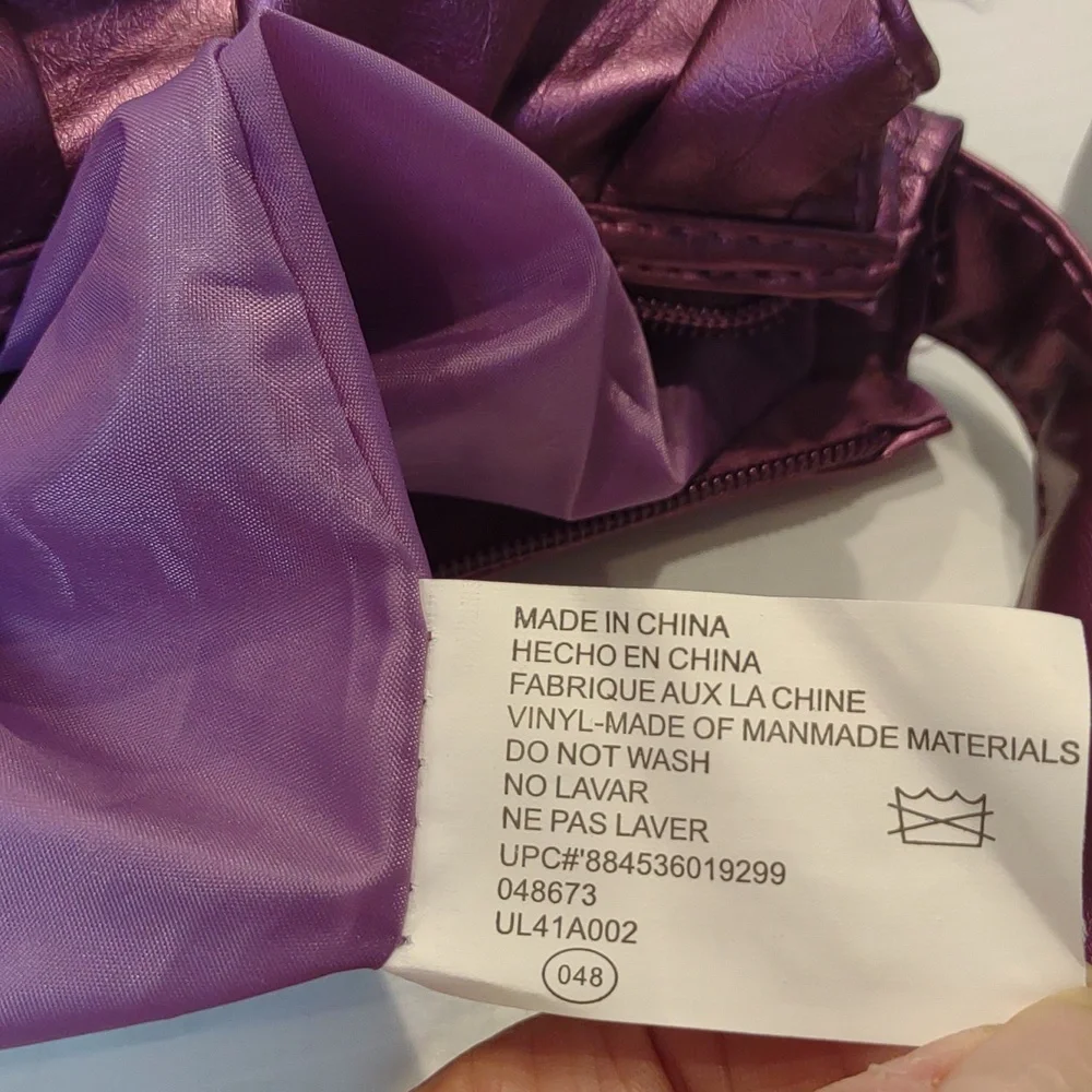 Metallic Purple Ruffles Zip Top Faux Leather Hobo Shoulder Tote Bag NWT
